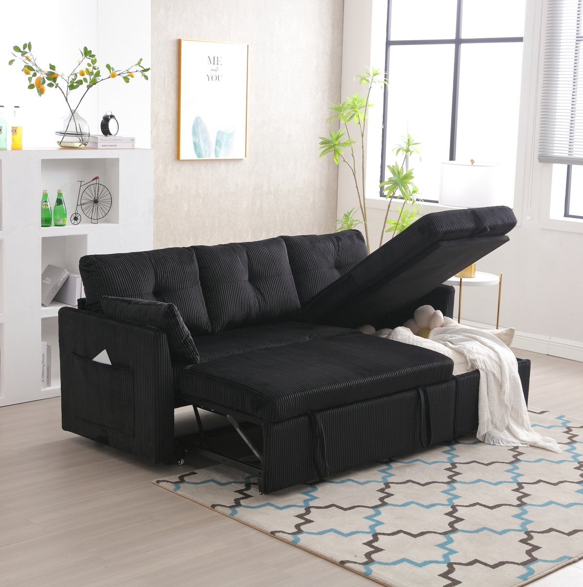 Wishdor Slaapbank 3-zits - Modulair hoekontwerp - Met opbergruimte en uitschuifbed - Moderne stijl - Woonkamer logeerkamer - Corduroy - Zwart - 206 x 108 x 66 cm