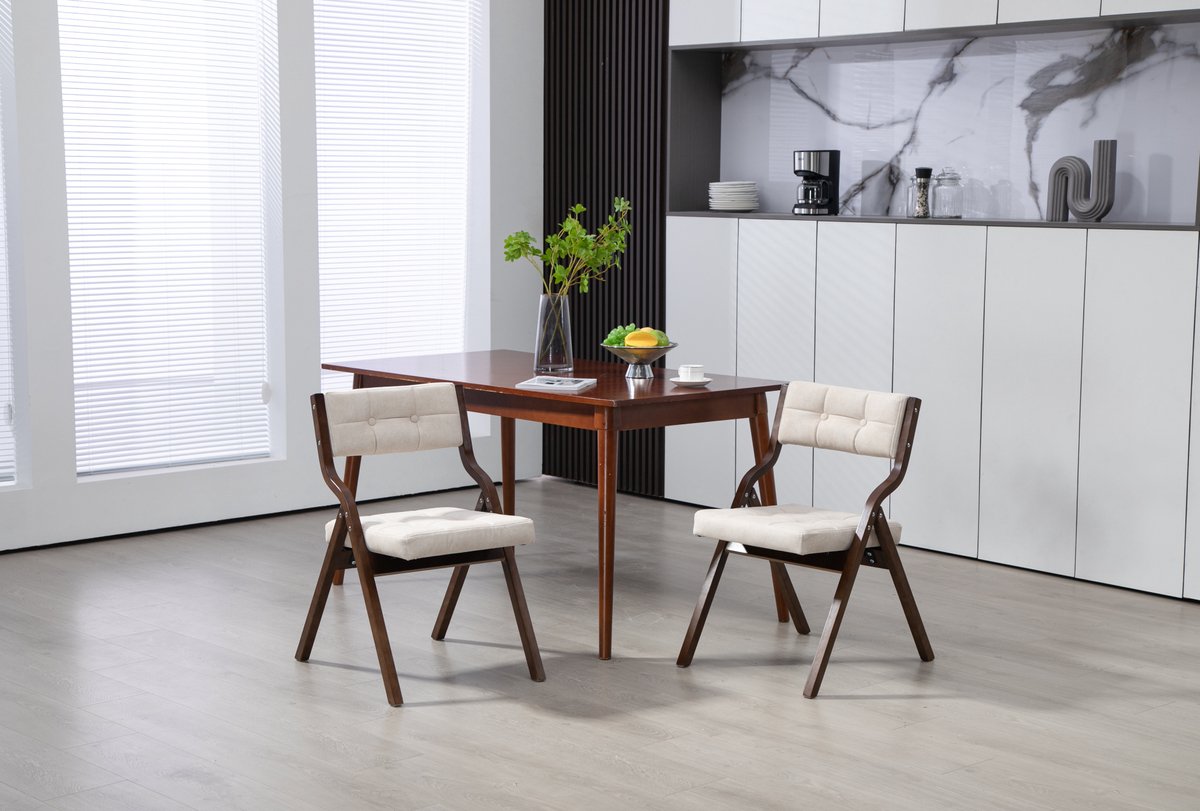 DESMIU Eetkamerstoel 48 x 61 x 77 cm - Set Van 2 Opvouwbaar Met Gewatteerde Zitting En Rugleuning - Voor Eetkamer En Gasten - Hout Crème
