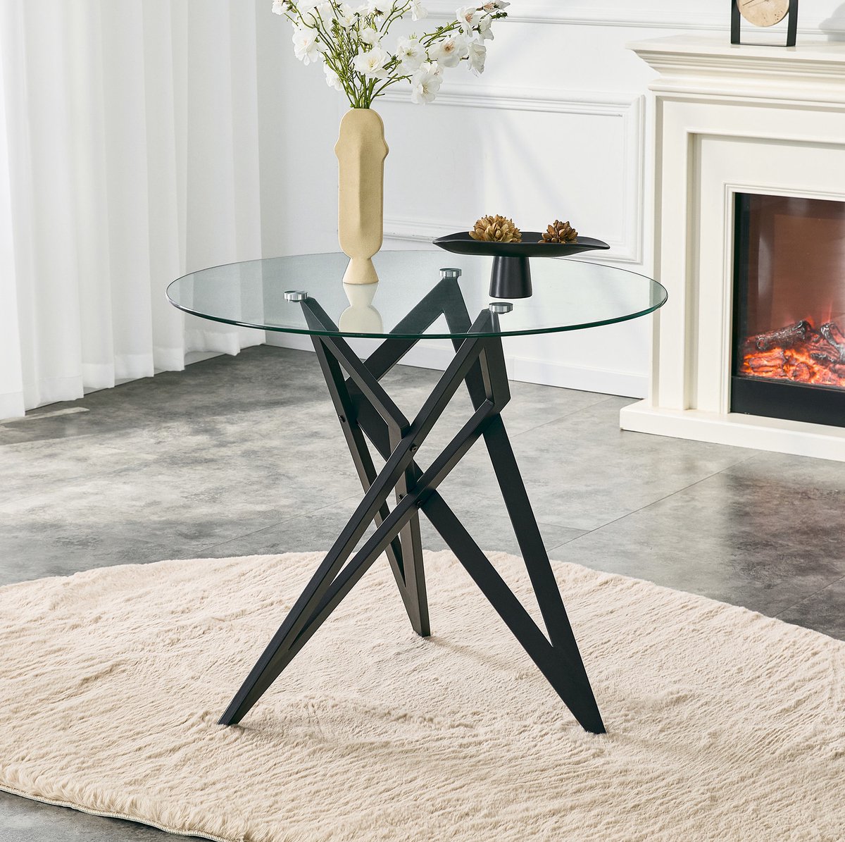 MIVRAY Salontafel - Ronde Glazen Salontafel Met Geometrisch Onderstel - Voor Woonkamer En Lounge - Glas En Metaal - Zwart - Ø 85 Cm