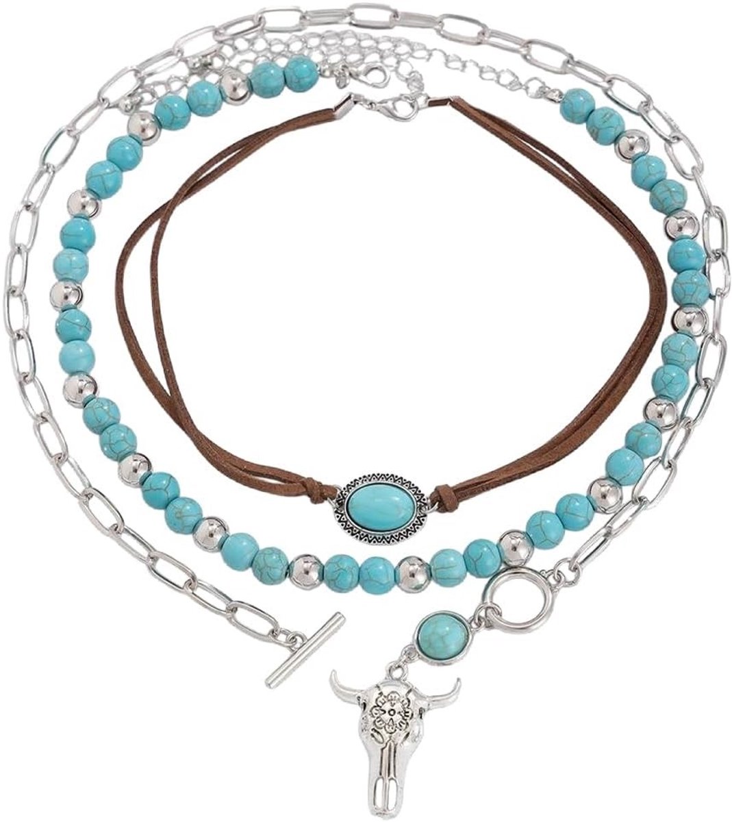 Drie stijlvolle turquoise faux suede kettingen voor vrouwen - 3-delige choker set met pendant, bohemian en vintage uitstraling