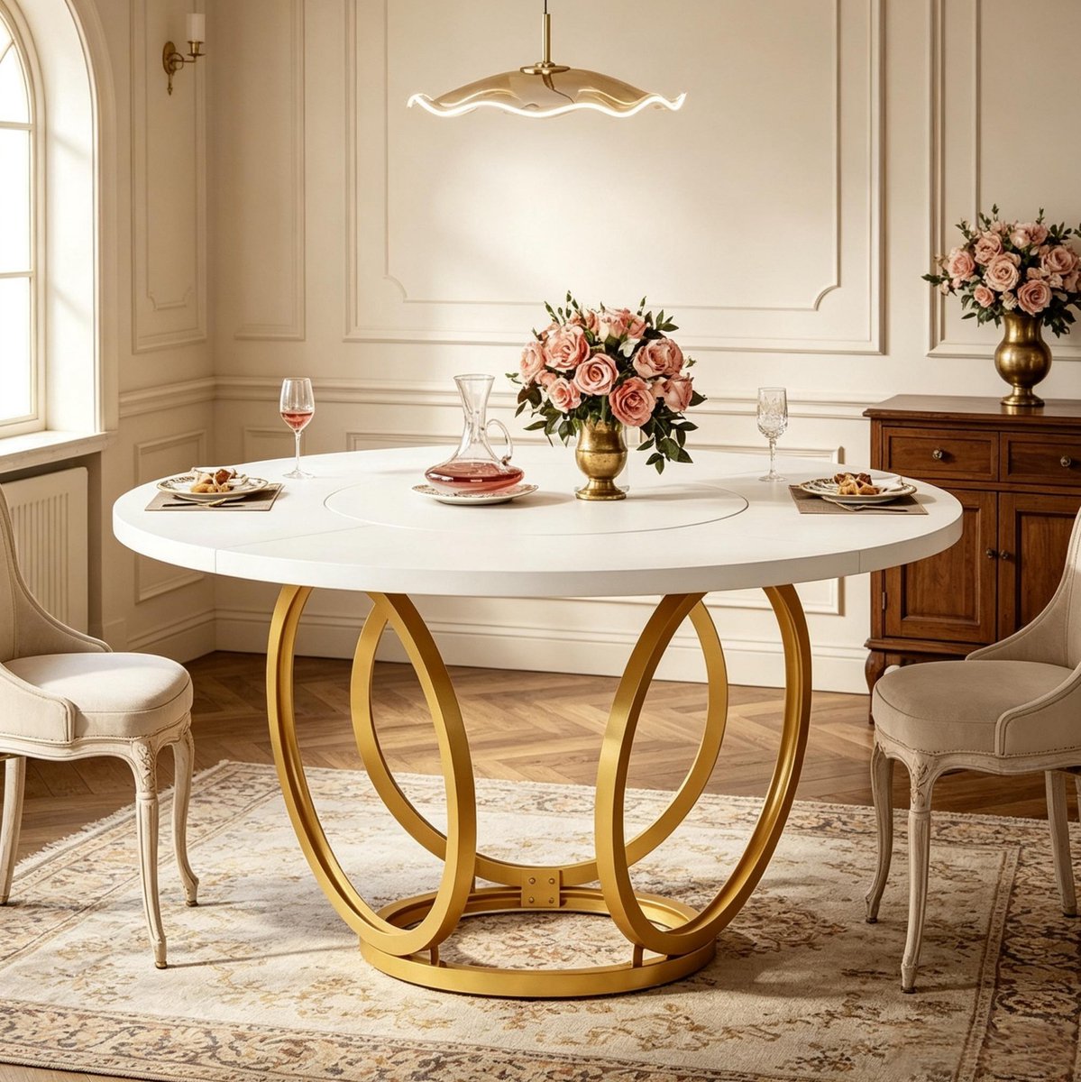 REDOM - Eettafel - Rond tafelblad - Matrix-poot - 4 tot 6 personen - Moderne stijl - Eetkamer, keuken of woonkamer - MDF en staal - Wit en goud - 80 x 78,5 x 27,5 cm