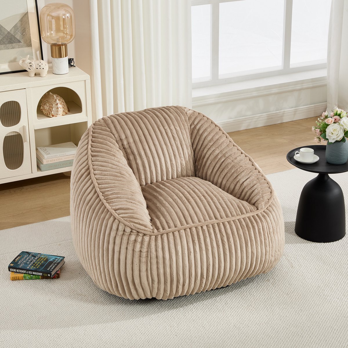 REDOM - Zitzak stoel - Memory-schuimvulling - Gestreepte chenille bekleding - Licht te verplaatsen - Voor binnen - Chenille - Camel en Bruin - 98 x 92 x 73 cm
