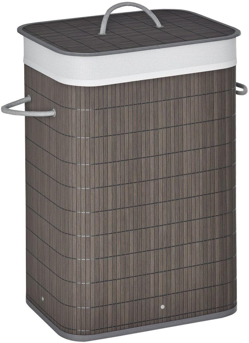 HOMCOM-Wäschekorb-Bambus, Metall-43L x 32B x 61H cm-Grau