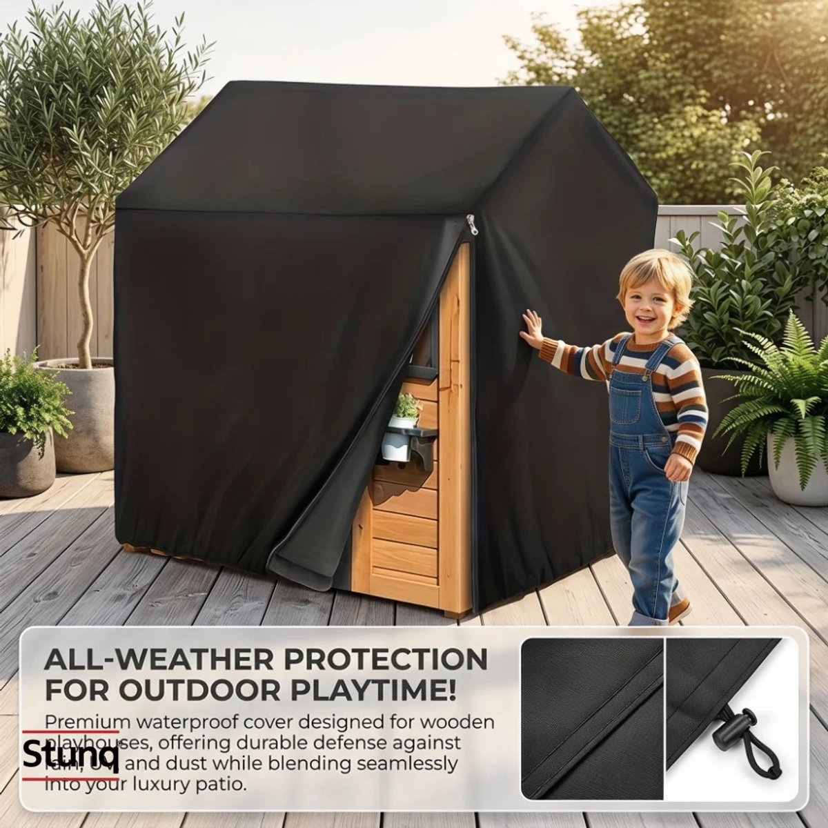 Stunq® Waterdichte speelhuishoes voor houten speelhuis, 145x145x160 cm, zwart