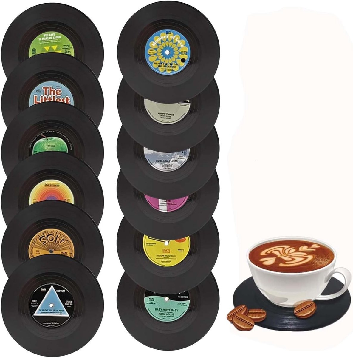 Set van 12 Antislip Vinyl Grammofoonplaten Coasters, Retro Onderzetters voor Koffie en Dranken, Duurzaam en Isolerend