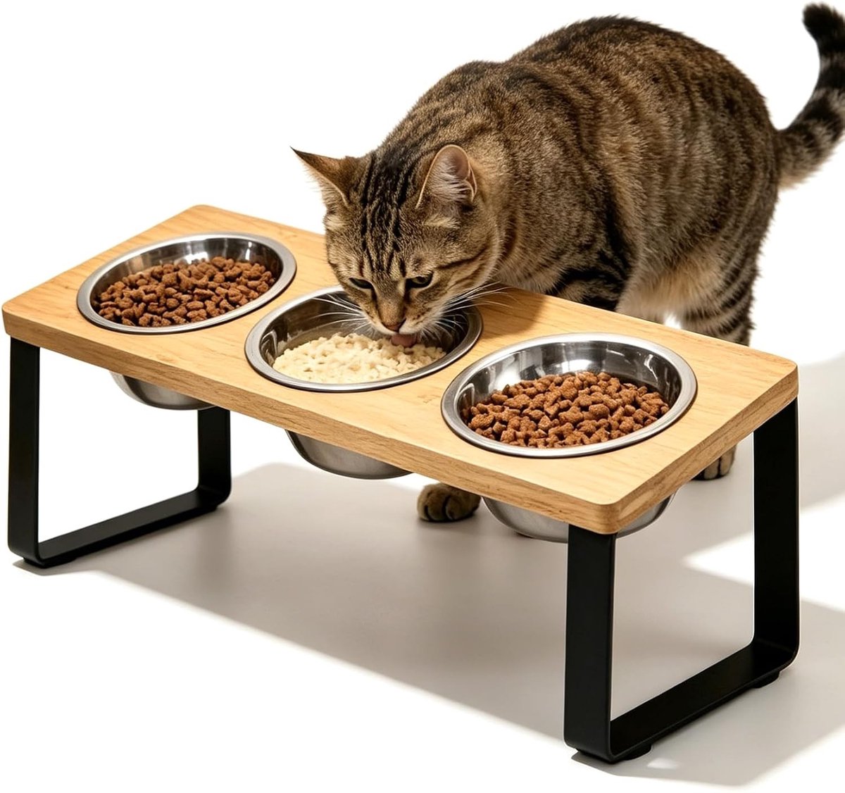 Verhoogde kattenvoeders, 3 roestvrijstalen kommen, 15° hellend voederstation met houten standaard, ideaal voor katten en honden, perfect voor natvoer en droogvoer