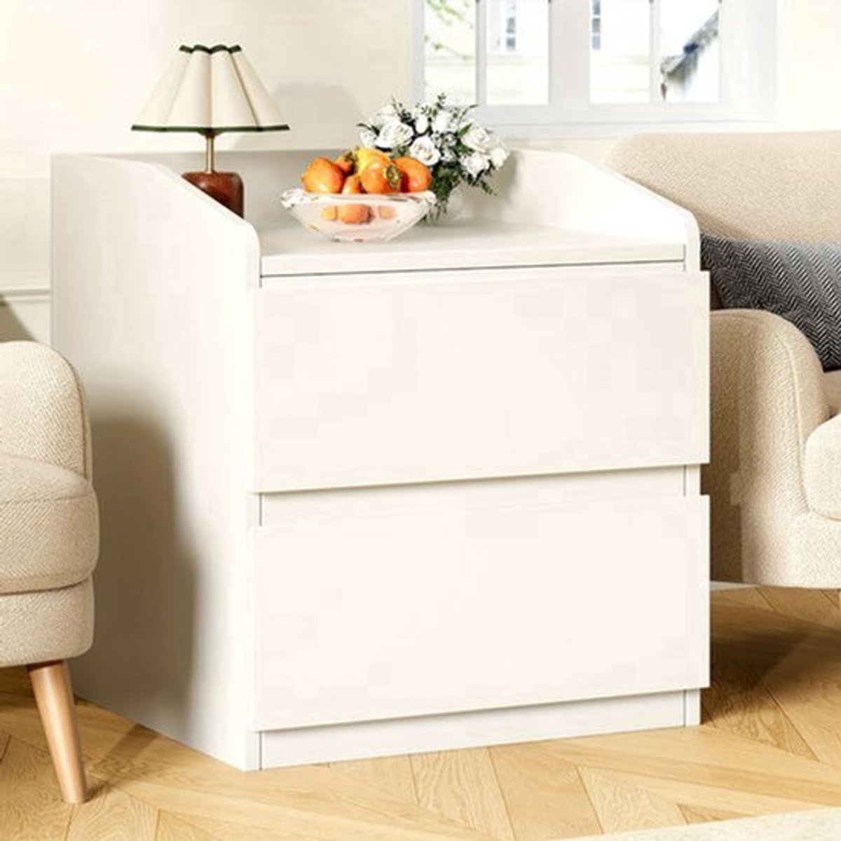 Nachtkastje – Bijzettafel – Opbergkastje – Ladekast – Wandkast – Modern Wit – Metalen Frame – Handgreeploos Design – 2 Ruime Lades – Eenvoudig Te Monteren – Duurzaam MDF