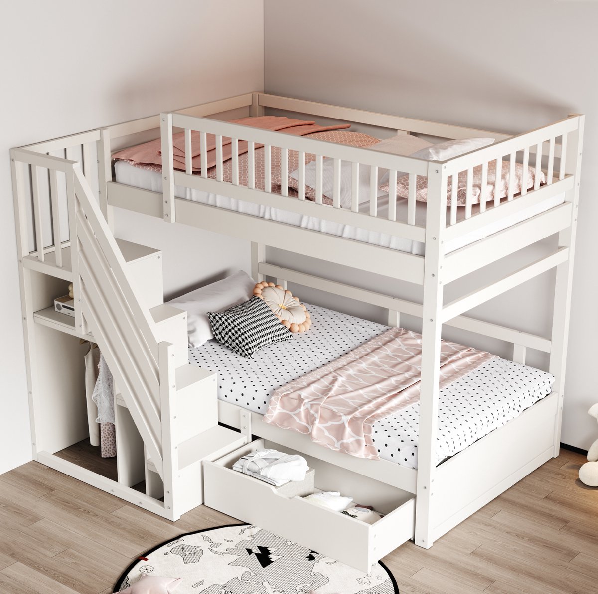 COVREO Stapelbed met opbergladder – 205x95x173 cm – Kinderbed met veiligheidshek – met lattenbodem en bedlade – Wit - zonder matras