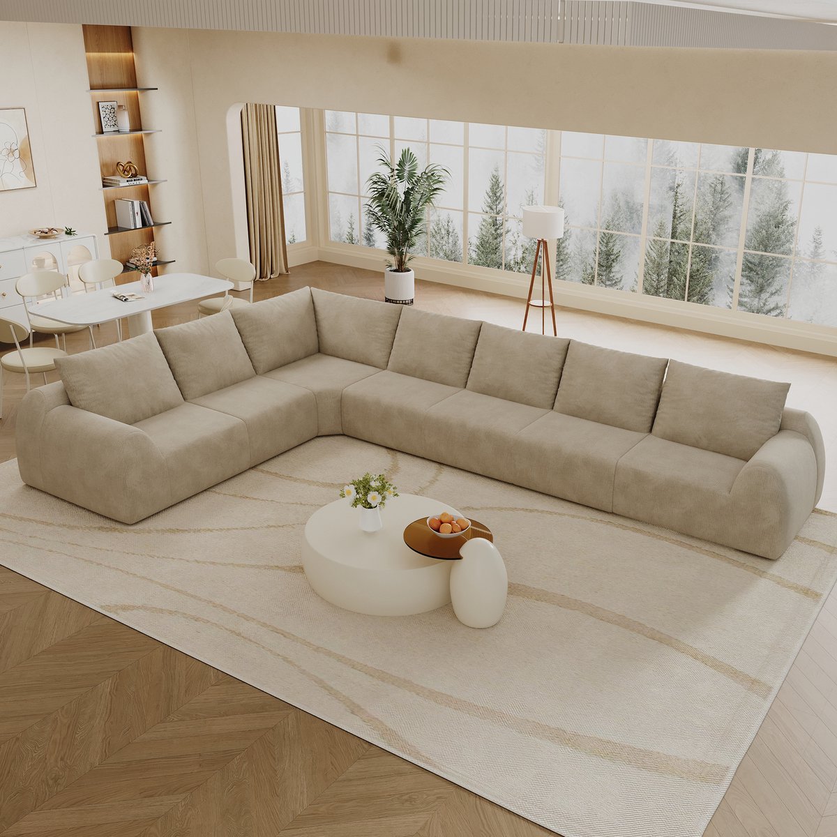 REDOM - Bank - L-vormige U-bank met hoge elasticiteit schuimvulling - Chenille bekleding - Moderne stijl - Woonkamer - Stof - Kaki - 401 x 267 x 85 cm