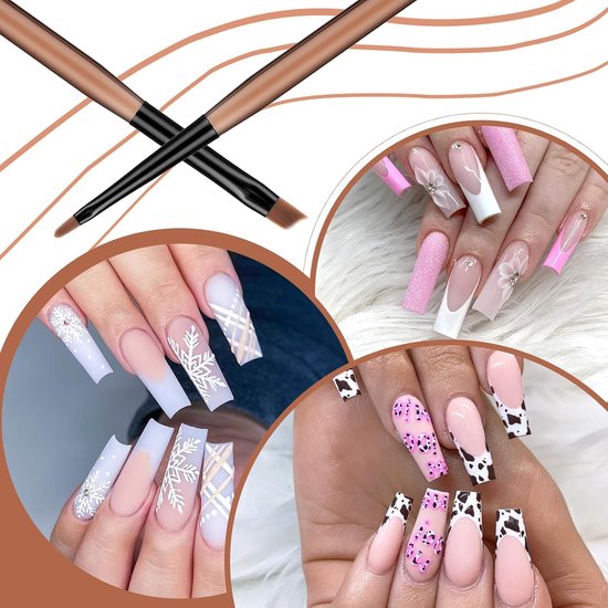 Collage van nail art voorbeelden: french manicure met roze glitter, marmerprint, koeienprint, en witte patronen op nagels.