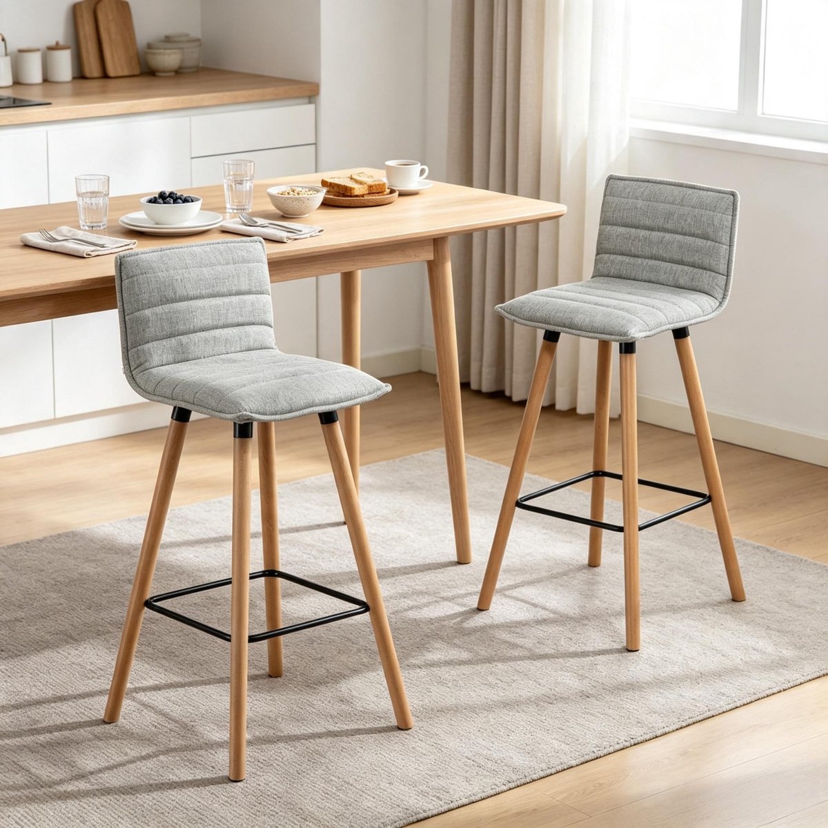 REDOM - Barkrukken set van 2 - Met rugleuning en voetsteun - Gepolsterde zitting - Modern - Keuken en bar - Stof en hout - Grijs - 48 x 48 x 99,5 cm