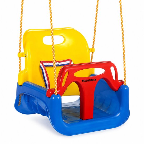 Drie-in-één baby schommelstoel, zitting van blauw kunststof, rugleuning van geel kunststof met een rode beugel.