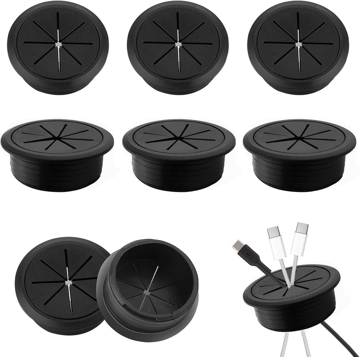 Kabeldoorvoer voor Bureau, 9 Stuks, 60 Mm, Plastic en Silicone, Draadgatafdekking voor Thuis, Kantoor en School, Georganiseerde Kabels en Kabelbeheer
