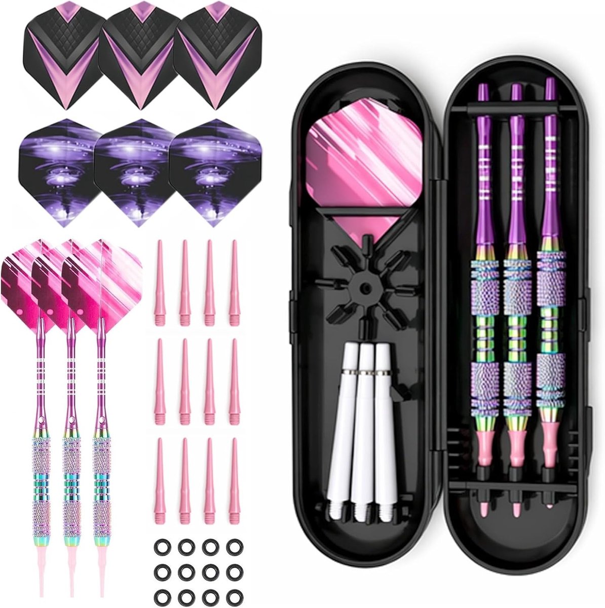 Professionele soft tip dartpijlen met kunststof punt, 3 stuks, 18 g, kleurrijke darts met puur koperen vat en opbergdoos, ideaal voor elektronisch dartbord