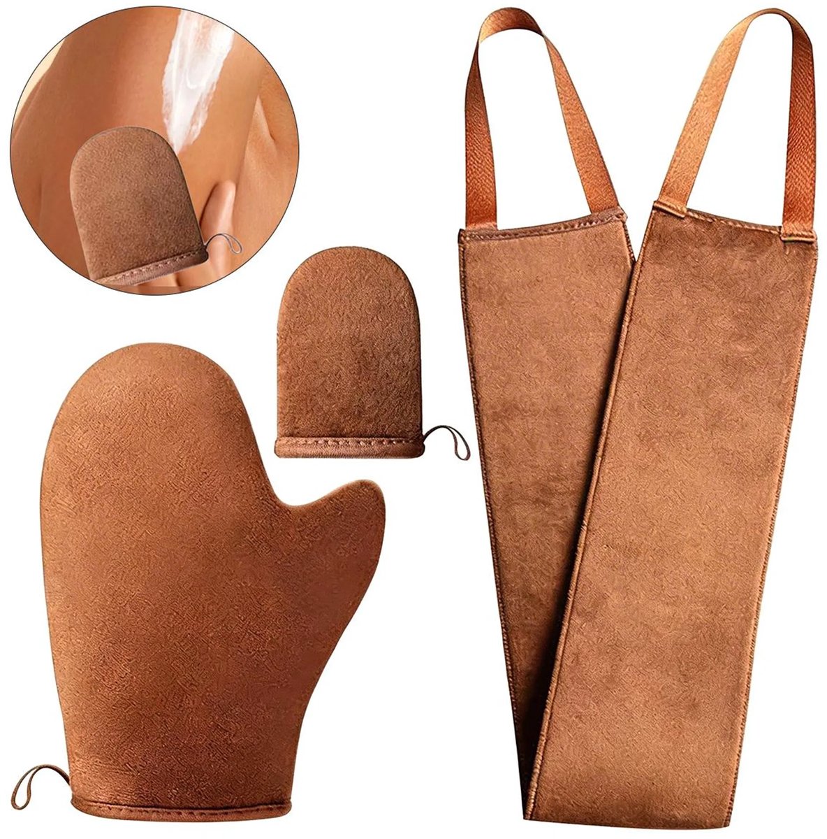 Deze driedelige doe-het-zelf set zelfbruiningshandschoenen bevat een rugapplicator voor het moeiteloos aanbrengen van lotion, oliën en mousse. De handschoenen zijn wasbaar en herbruikbaar.