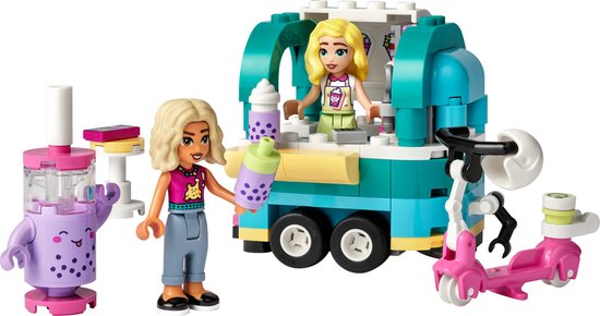LEGO Friends mobiele bubbelthee stand met twee poppetjes, een scooter en een blender.