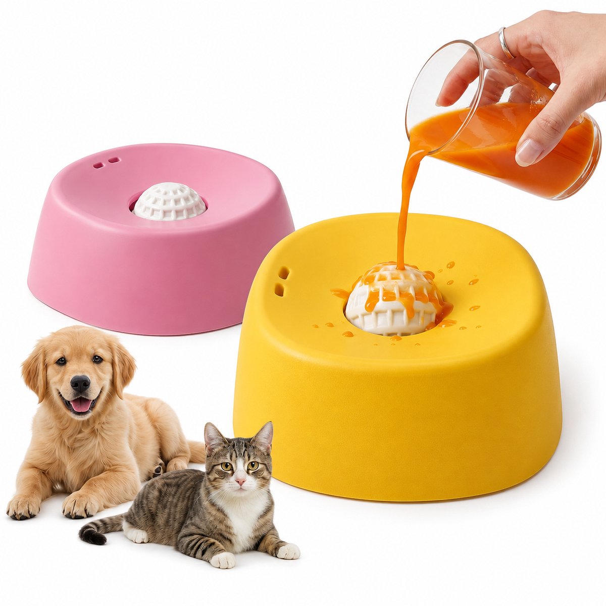VHV-2*Anti-schrokbak hond - Likmat - Interactief - Anti-schrok - Slow feeder - Antislip - Voor honden & puppies - Hondenvoerbak - Geel & Roze