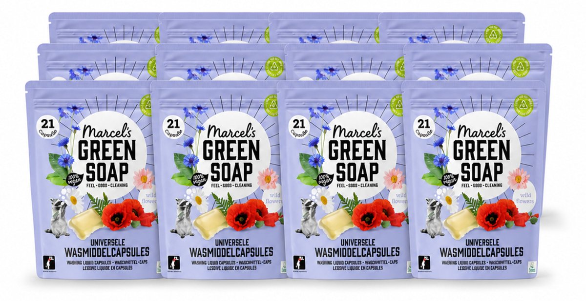 12 x Marcel's Green Soap - Wascapsules - Wilde Bloemen - Gemak in één dosis - 21 Capsules - Voordeelverpakking - 12 stuks