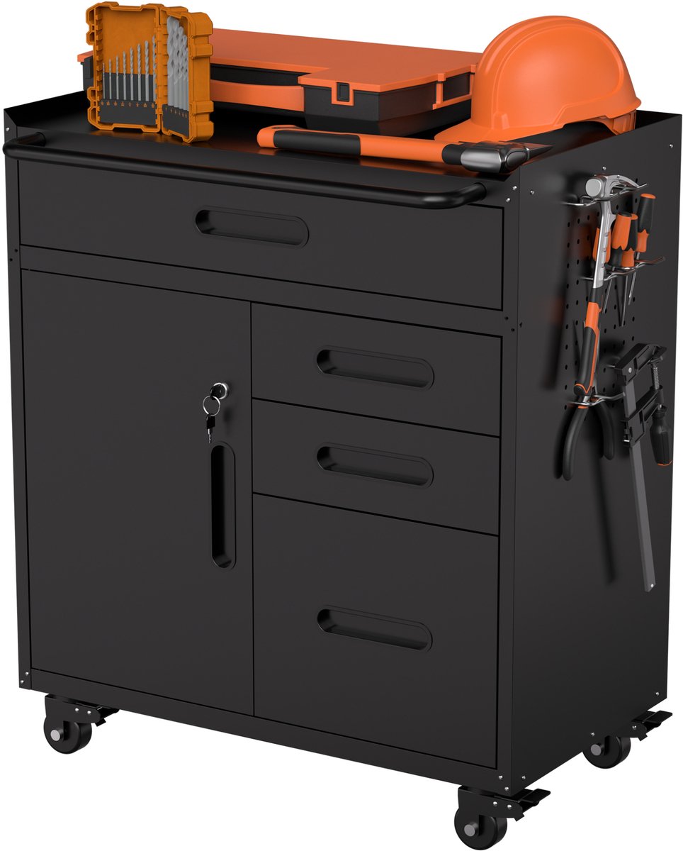 STILVORA Gereedschapskar - Afsluitbare Opbergkast Met 4 Lades En Wielen - Voor Werkplaats En Garage - Staal - Zwart - 75x42x87,3 Cm
