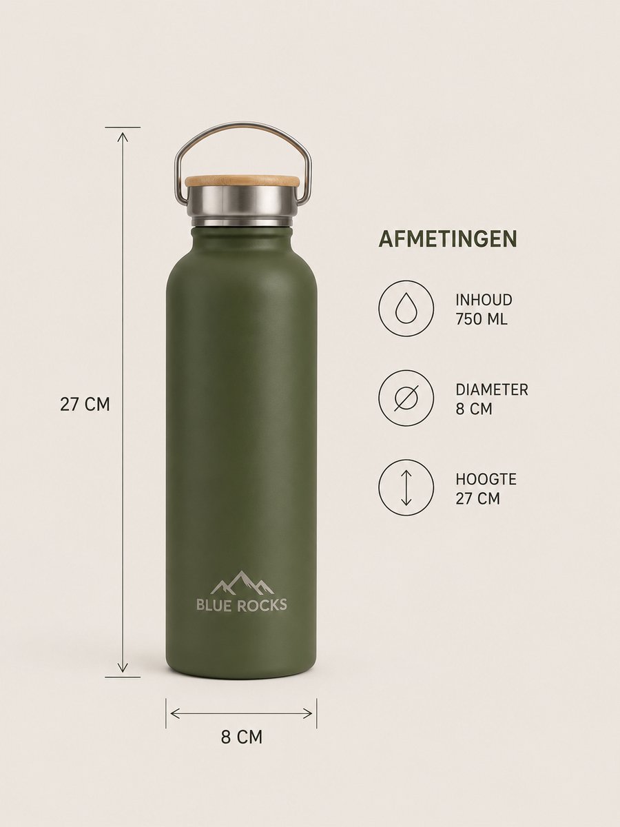 Blue Rocks® - Summit Green - Thermosfles 750ml - Waterfles - Dubbelwandige drinkfles - Plasticvrij - Loodvrij - Geisoleerde fles - Warme Koude dranken - School - Kind - Reizen, Wandelen, Werk, Sport, Yoga - Dagelijks gebruik - RVS - Groen - Green — cadeau in Sport & Outdoor - foto 3