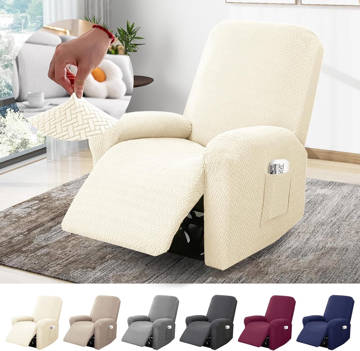 Fauteuilhoes - Beige - 1-zits - Stretch Jacquard Polyester - Stoelbeschermer voor Relaxstoel en Televisiestoel