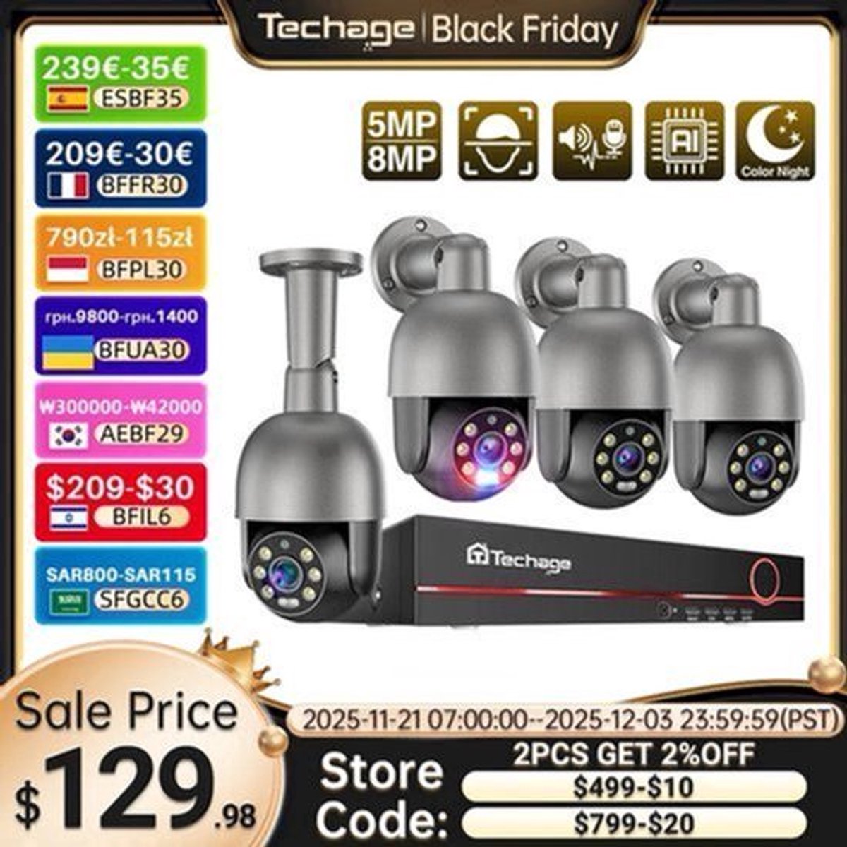 Beveiligingscamera Set – Camerabewaking – IP Camera Set – Bewakingscamera – PTZ Camera – 8-Kanaals 4K Resolutie – AI Mensdetectie & Tweeweg Audio