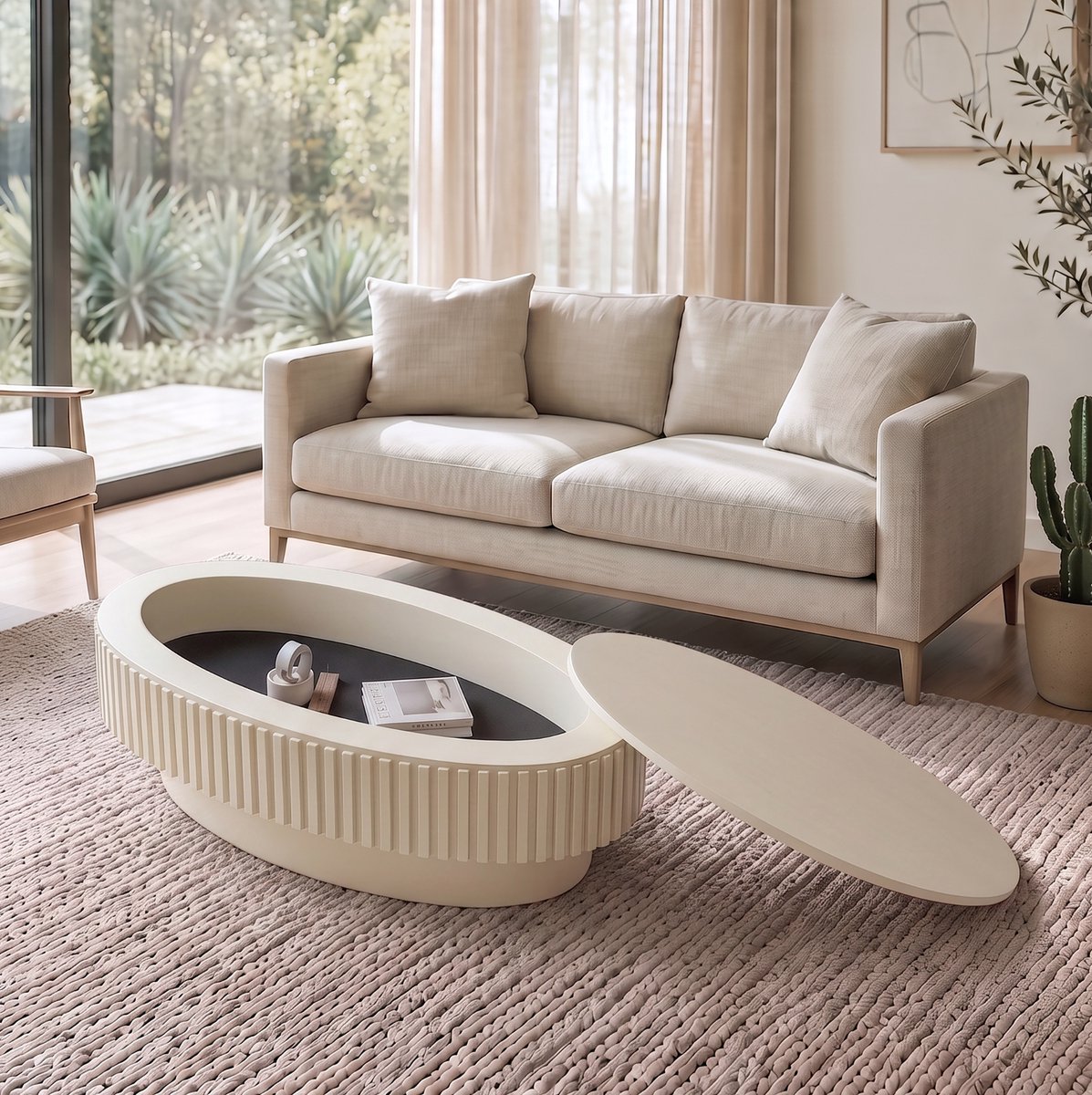 REDOM - Salontafel - Verborgen opbergruimte - Ovaal fluted design met afneembaar deksel - Modern - Woonkamer of slaapkamer - MDF en houtfineer - Crème - 98 x 60 x 35 cm