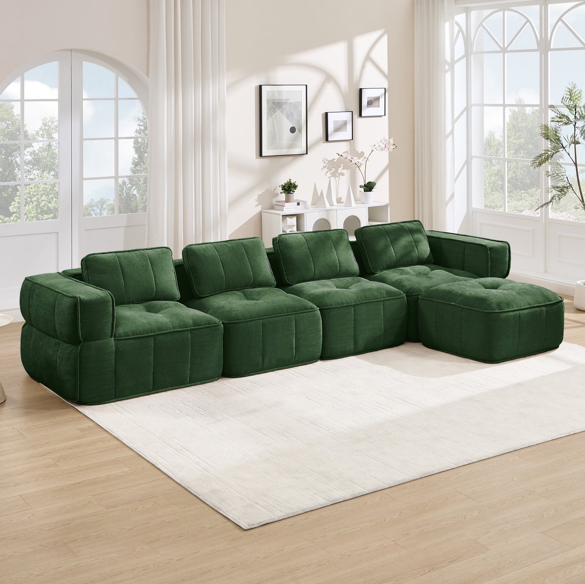 Wishdor Hoekbank - 4-zits modulair L-vormig - Met hocker en brede armleuningen - Zachte polyester bekleding - Woonkamer modern - Groen - 344 x 162 x 67 cm
