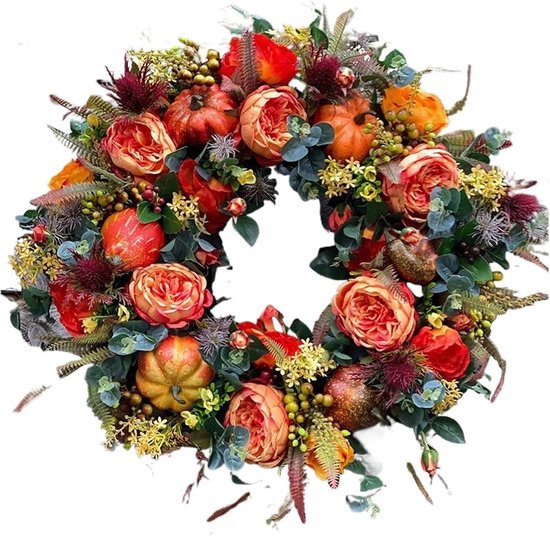 Decoratieve krans - 40 cm - Herfstkrans voor aan de muur - Decoratie met pioenrozen en pompoenen - Oogstkrans - Geschikt voor thuis, feesten, woonkamers, appartementen, veranda's - Perfect voor Thanksgiving, Kerstmis en Halloween