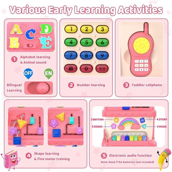 12-in-1 Educatief Activiteitenhuis - Muziekspeelgoed met Piano & Vormensorteerder - Montessori Speelgoed - Voor Baby's & Peuters (12-36 Maanden) - Roze van Flintry — afbeelding 5