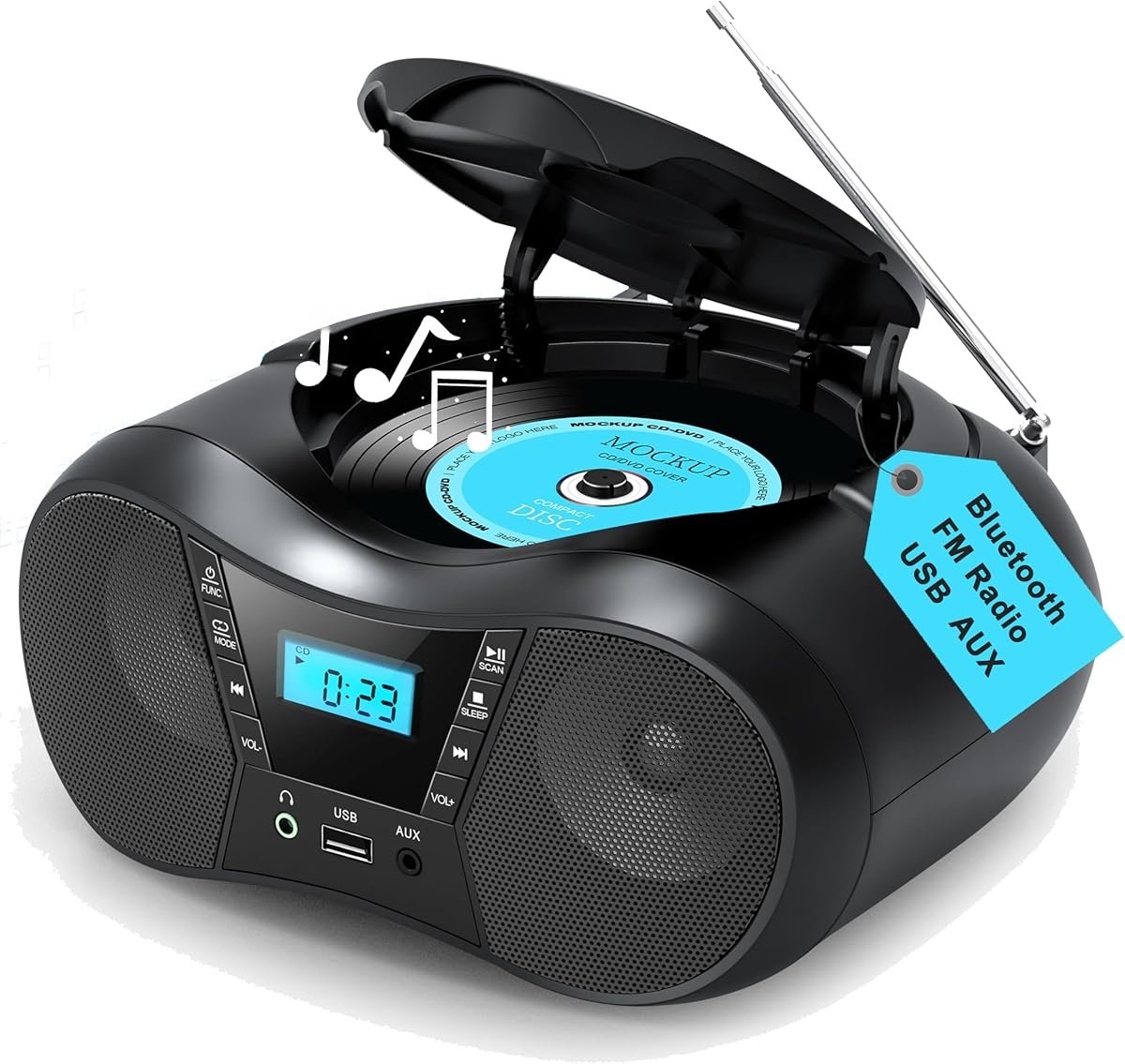 Draagbare CD-Speler met Bluetooth - CD Radio met FM - Bluetooth 5.1 - USB & AUX - Stereo Speakers - Netstroom & Batterij - Hoofdtelefoonaansluiting - Zwart
