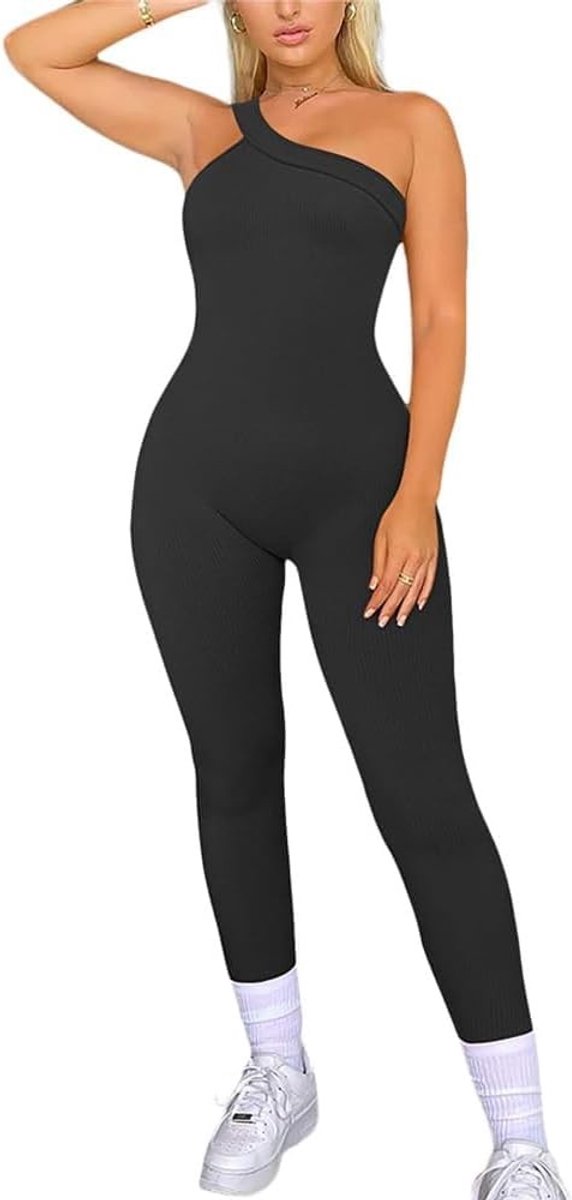 Elegante Mouwloze Jumpsuit voor Dames met One Shoulder en Lange Broek - Nauwsluitende Ribgebreide Catsuit voor Feest, Vakantie en Casual Streetwear (L)