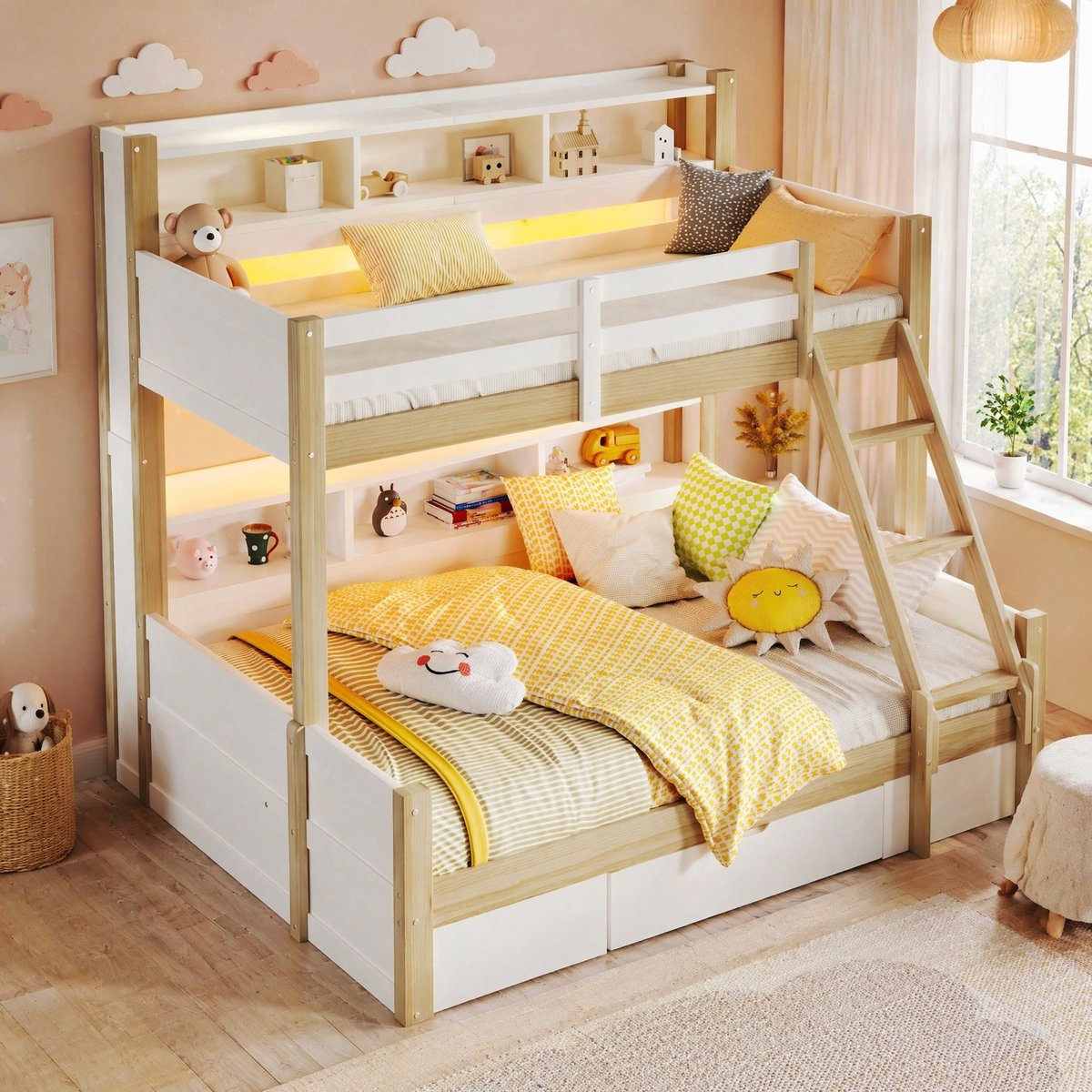 COVREO Stapelbed met ladder – 90x200/140x200 cm – Met opbergruimte en lade – Voor kinderkamer – Wit naturel - zonder matras Wit+Naturel