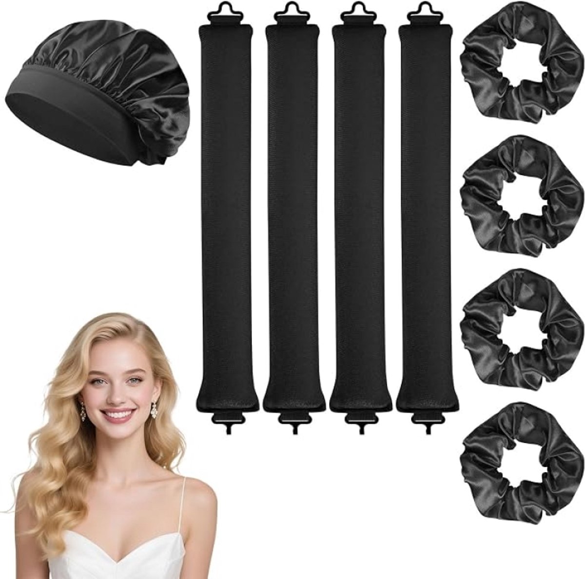 Heatless Krulset met Slaapmuts en Scrunchies – Warmtevrije Krulspelden voor Zijdezachte Krullen