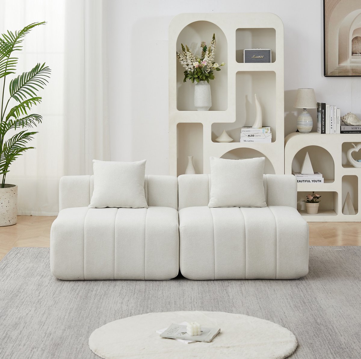Modulaire Bank 2 Zits - Chenille - Vrij Combineerbaar Met 2 Kussens - Voor Woonkamer, Slaapkamer En Kantoor - Stof - Beige