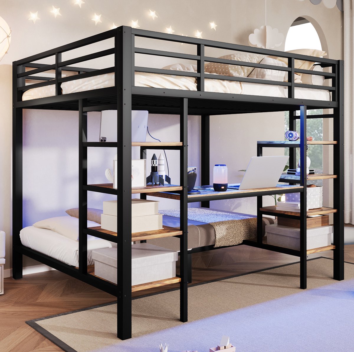 STILVORA Stapelbed 90 x 200 cm en 140 x 200 cm Metalen Bedframe met Opbergrekken Ledverlichting Usb Type C Zwart Zonder Matras