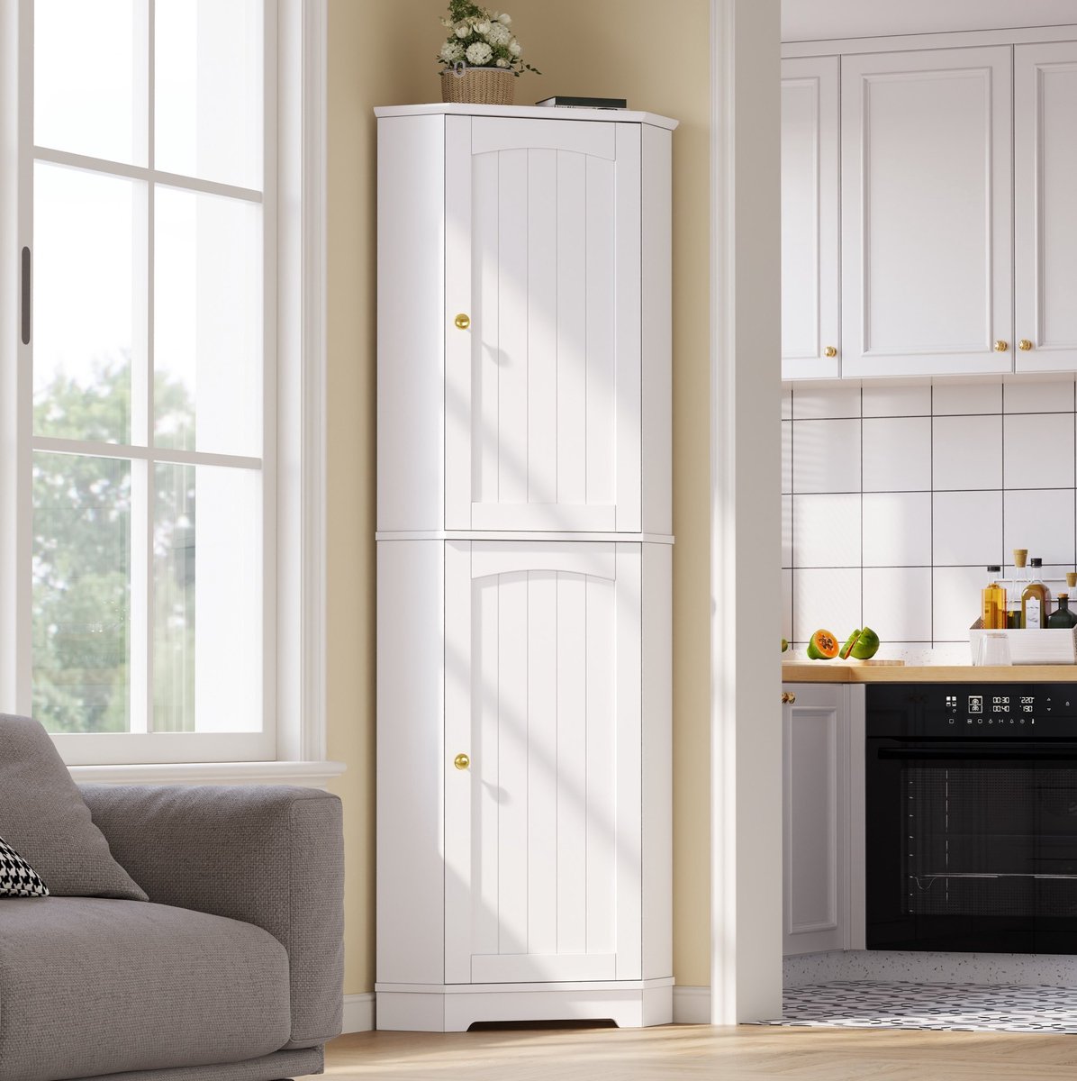 OKWISH Hoekkast - 2 Deuren - Verstelbare Legplanken - Ruimtebesparend Voor Keuken En Eethoek - MDF Wit - 42x42x166 cm