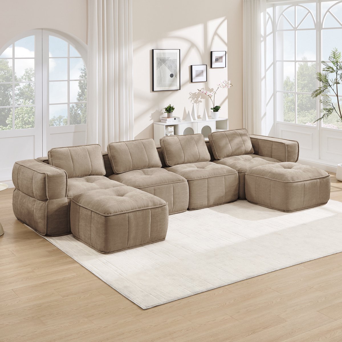 Wishdor U-bank - 4-zits modulair - Zonder frame en met 2 hockers - 32D hoogdichtheidsschuim - Voor woonkamer ontspanning - Polyester - Sand - 344 x 162 x 67 cm