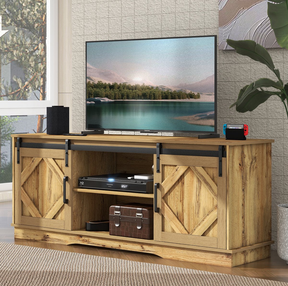 COVREO TV meubel met schuifdeuren – 150x40x60 cm – TV-kast met verstelbare planken – voor televisie en opbergruimte – Bruin