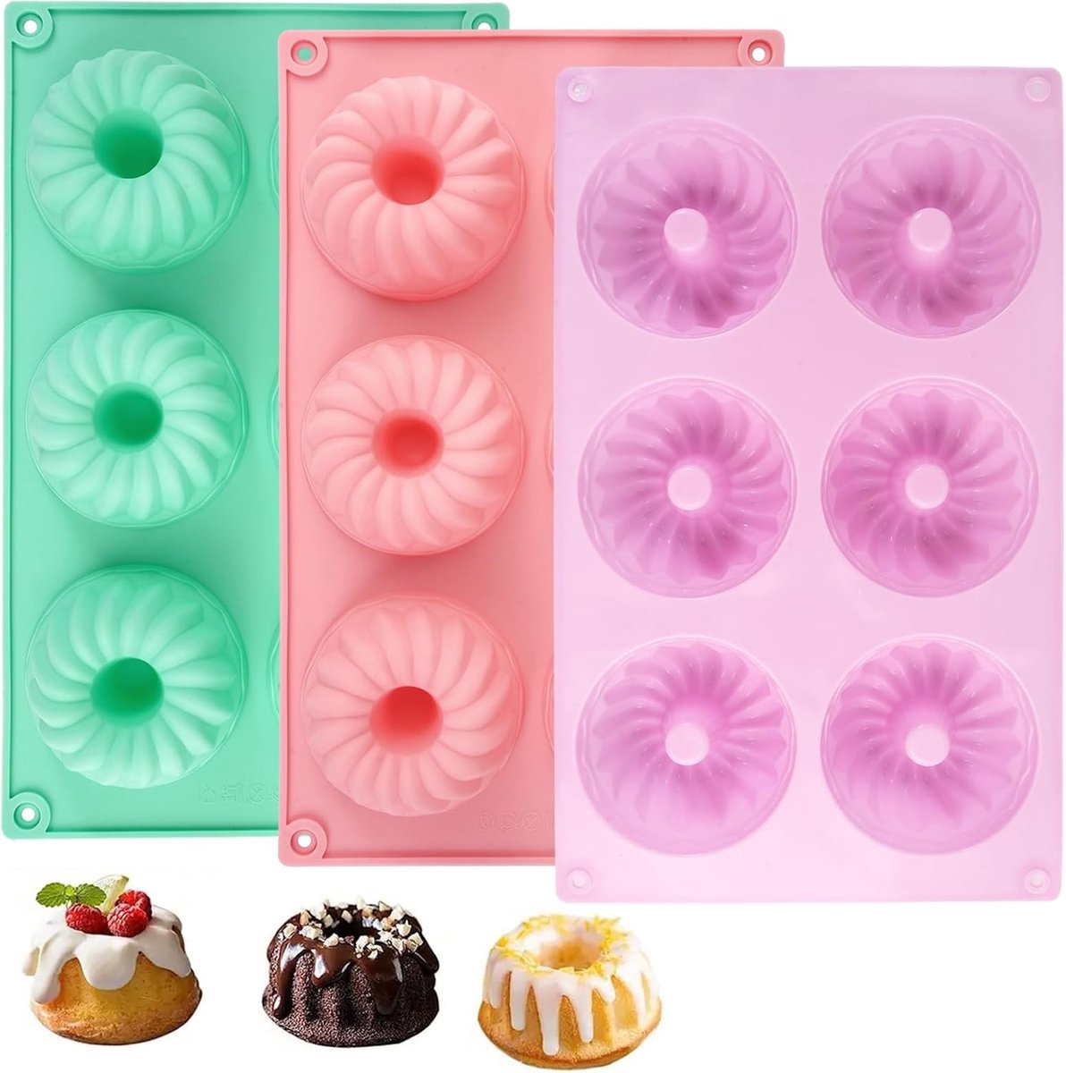 Set van 3 Mini Gugelhup Mallen van Silicone - Ideaal voor Bakken, Taarten en Desserts