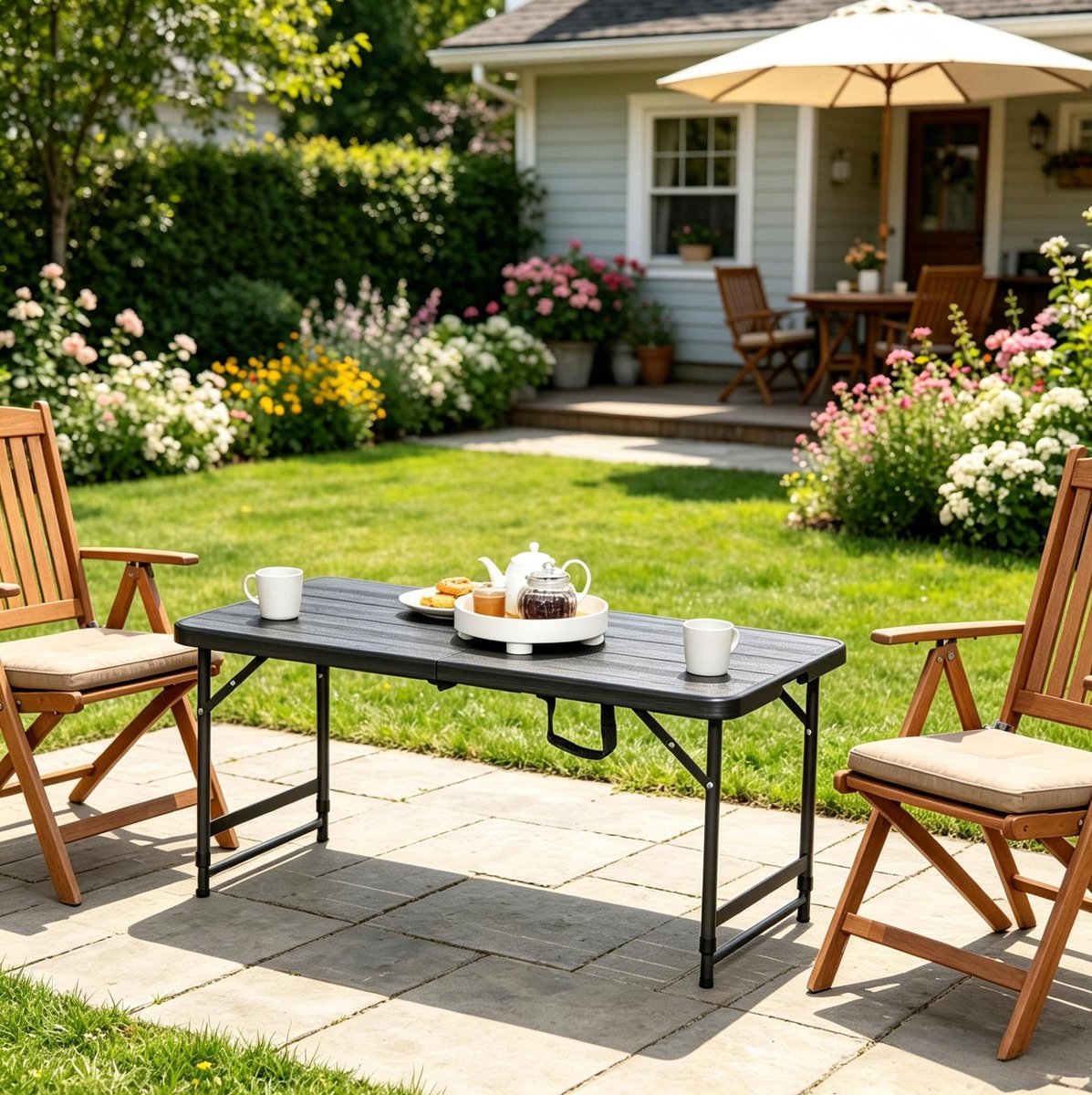 Wishdor Opklapbare eettafel - Verstelbare hoogte - Voor 4 personen - Modern ontwerp - Buiten tuin terras balkon camping - Houtlook hdpe - Zwart donkergrijs - 118 x 60 x 74 cm