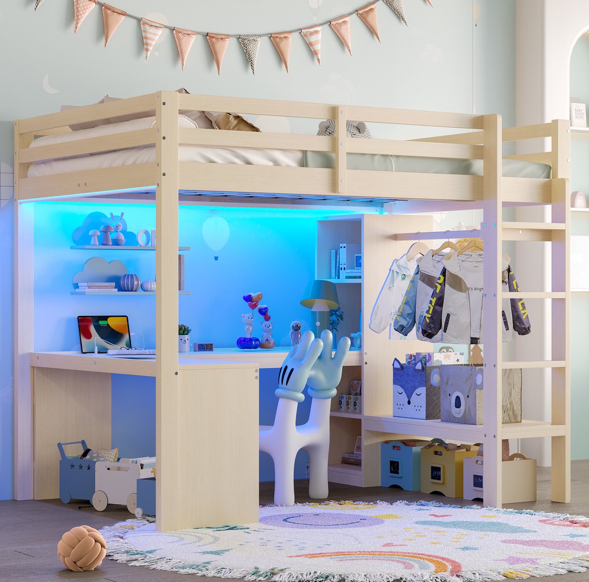 COVREO Hoogslaper met bureau en opbergruimte – 140x200 cm – Bed met LED-verlichting en USB – voor kinderkamer – Natuurlijk - zonder matras Naturel