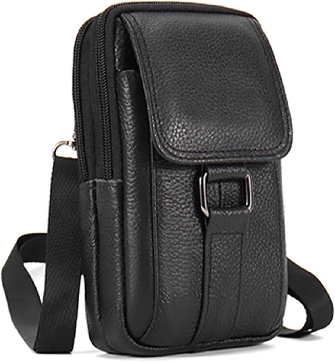Mobiele Telefoontas - Zwart - 12 x 4 x 19,5 cm - Leren Heuptas met Afneembare Riem - Voor Heren