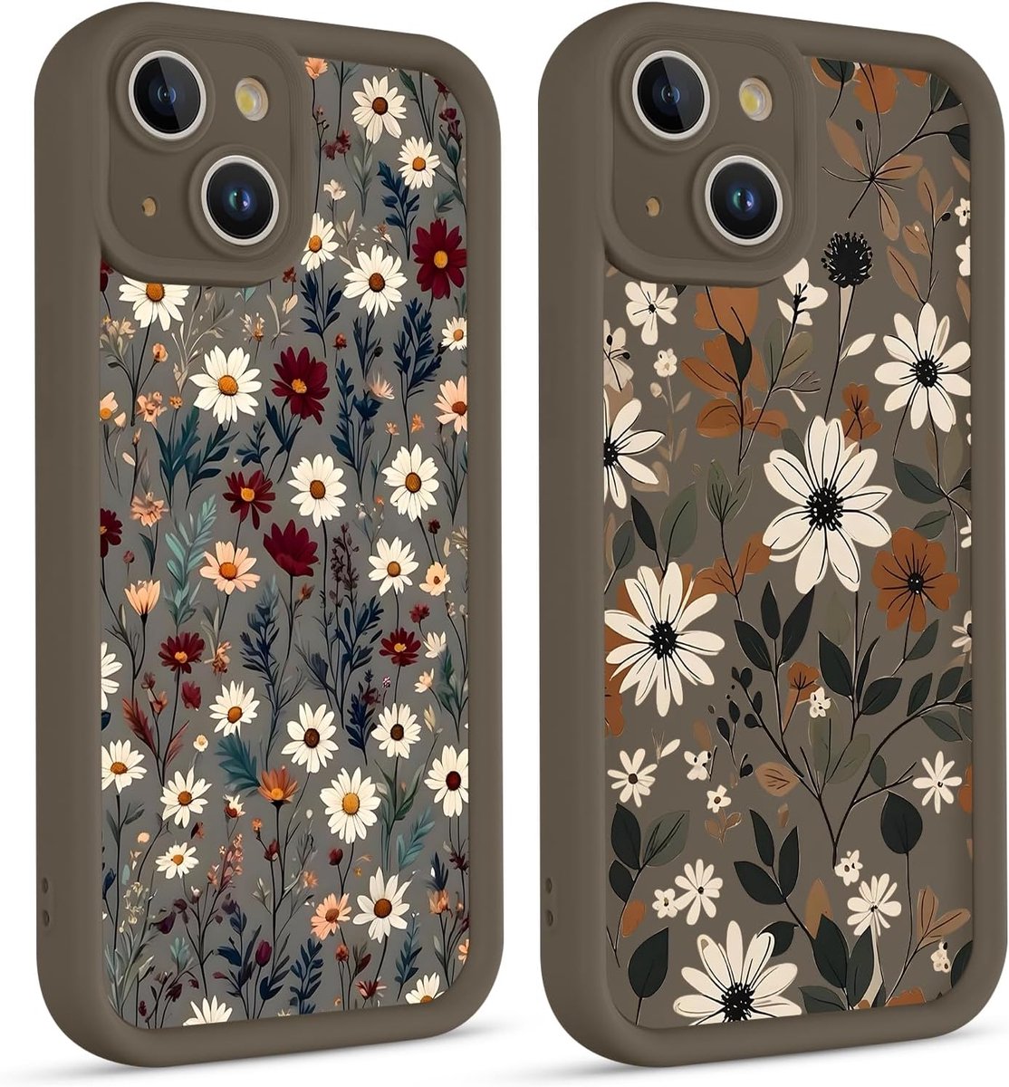 2 stuks beschermhoes voor iPhone 13 6,1 inch, zachte TPU-siliconen, esthetisch, bloemenpatroon, duurzaam, dun, siliconen, schokbestendig, krasbestendig, camerabescherming voor meisjes, kaki