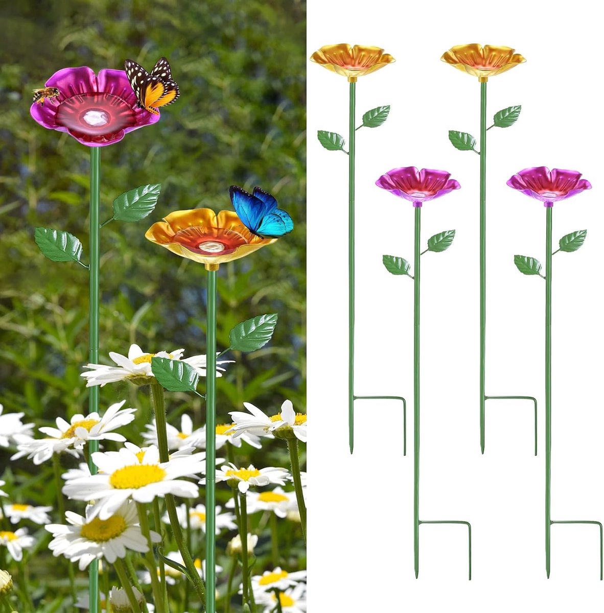 Set van 4 bijenwaterstations, 64 cm/25 inch ijzeren bijenbad voor tuinwatervoeder, kleurrijke vlinderbadkom voor buiten/tuin/tuindecoratie [geel/rozerood]