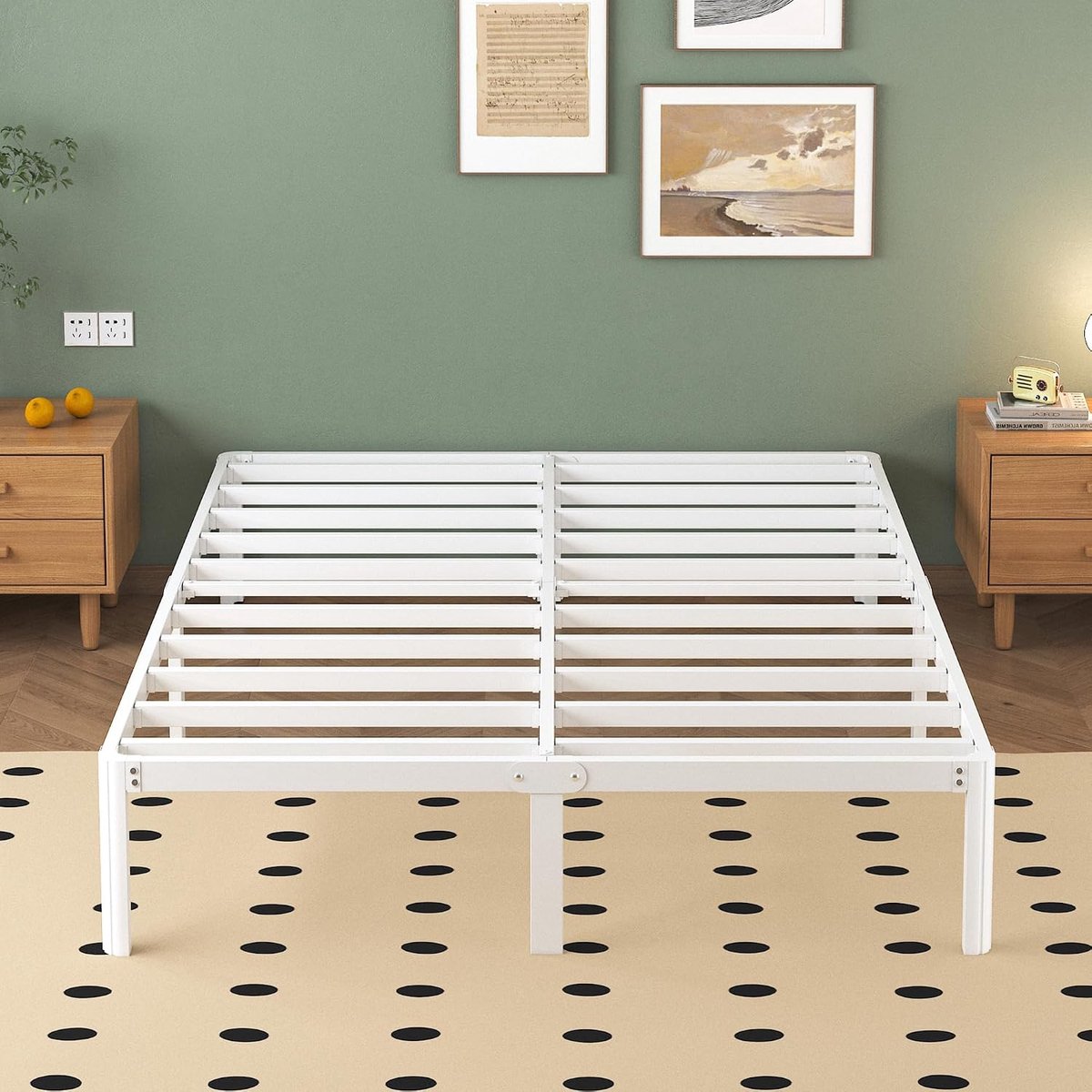 Metalen Bedframe 180x200 cm met Ronde Hoekpoten, Hoogte 30.5cm, Bed Frame 180x200 met Lattenbodem Van Metaal, Stabiel, Eenvoudige Montage, Opbergruimte onder het bed, Wit