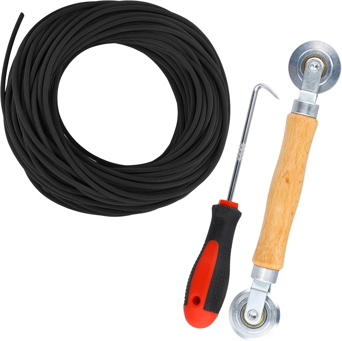 25 m x 3 mm biesband, reserveonderdelen voor vliegengaas, rubberen koord, rubberen afdichting, afdichtingsinroller, dubbele wiel, zwart
