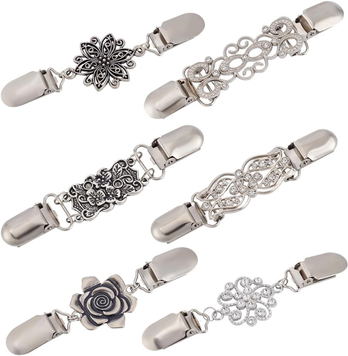 6 stuks retro cinch clips 6 stijlen legering strass cardigan clips pullover kraag clip voor jurken overhemden sjaal jas kleding