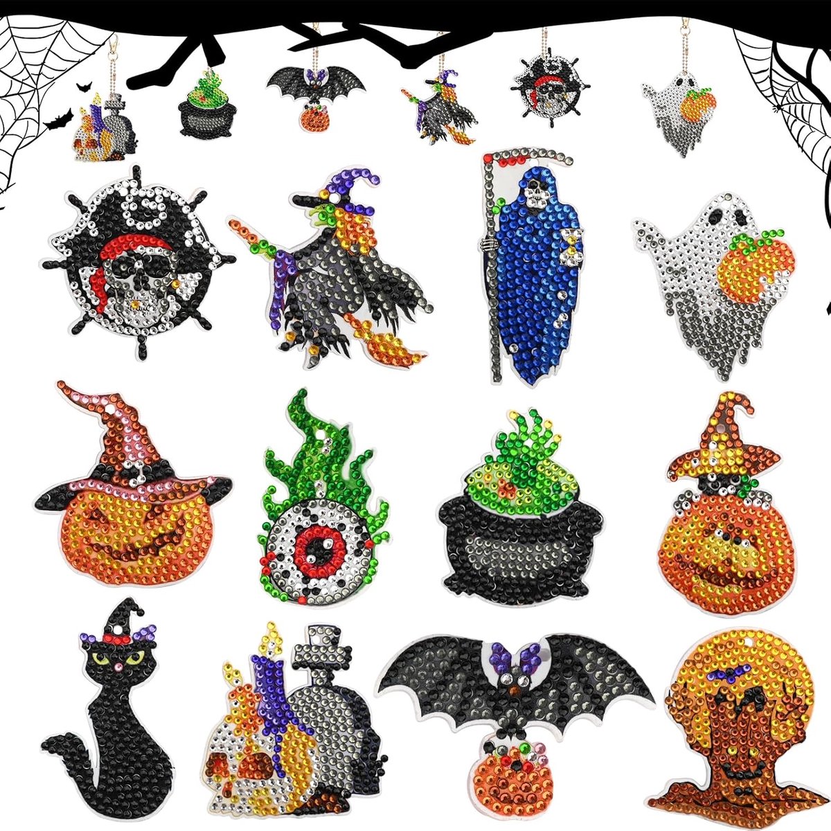 12 Stuks Halloween Diamant Schilderen Sleutelhanger DIY Volledige Strass Diamant Schilderij Kits Spook Pompoen Mozaïek Stickers Sleutelhanger Verf op Nummers Borduurwerk Kunst Craft voor Sleutelhanger