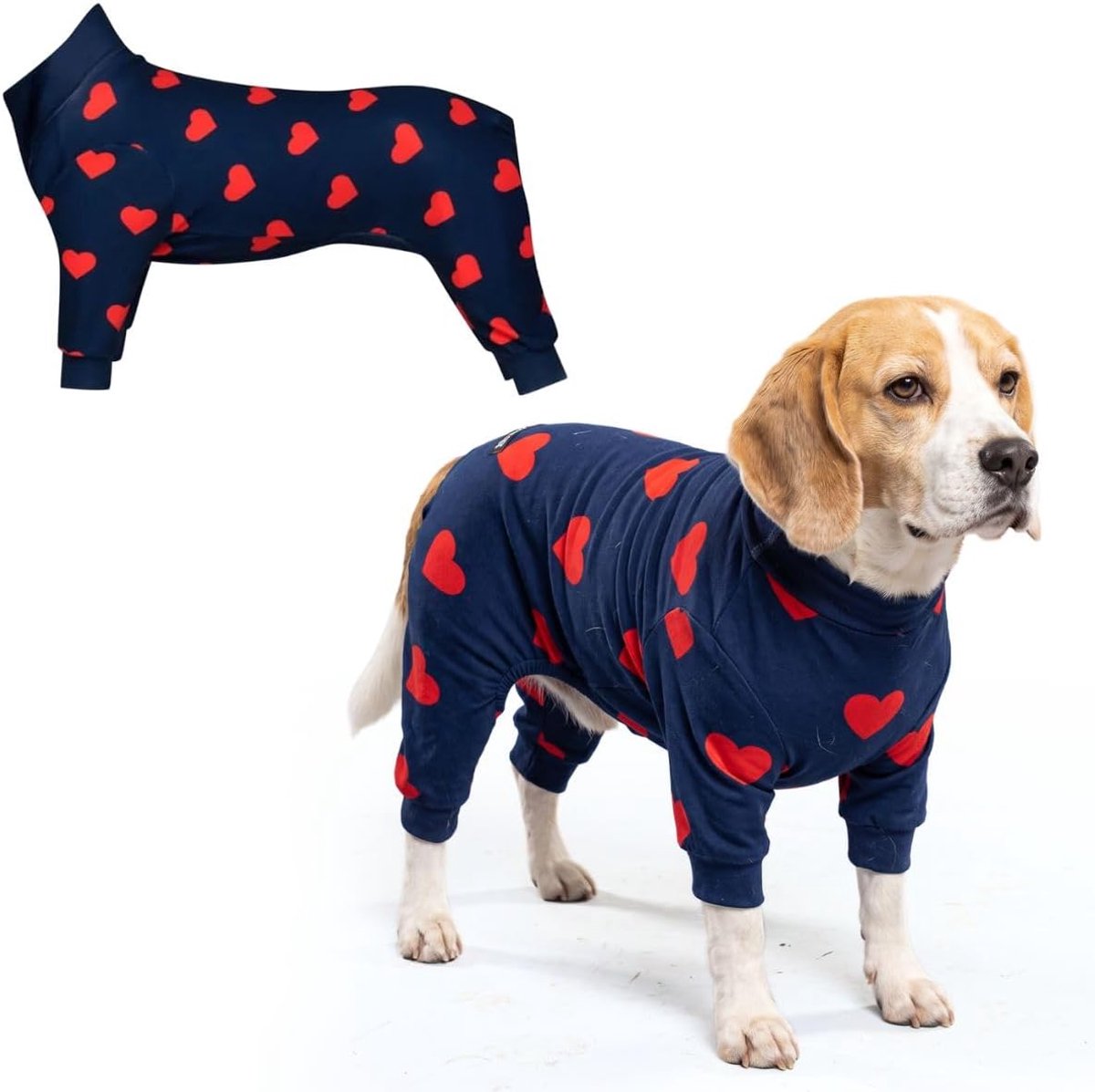 Paws Hondenpyjama, ultrazacht en 4-weg rekbaar, herstelpje voor kleine, middelgrote en grote rassen - Hartjes, L